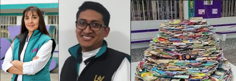 Archivo:Fotografía de María Teresa de los Ángeles Brito Albuja, Jonathan Castro y el árbol de navidad con libros..png